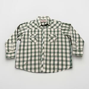 Wrangler Shirt Mens 3XL White Green Plaid Pearl Snap Canvas Long Sleeve Western